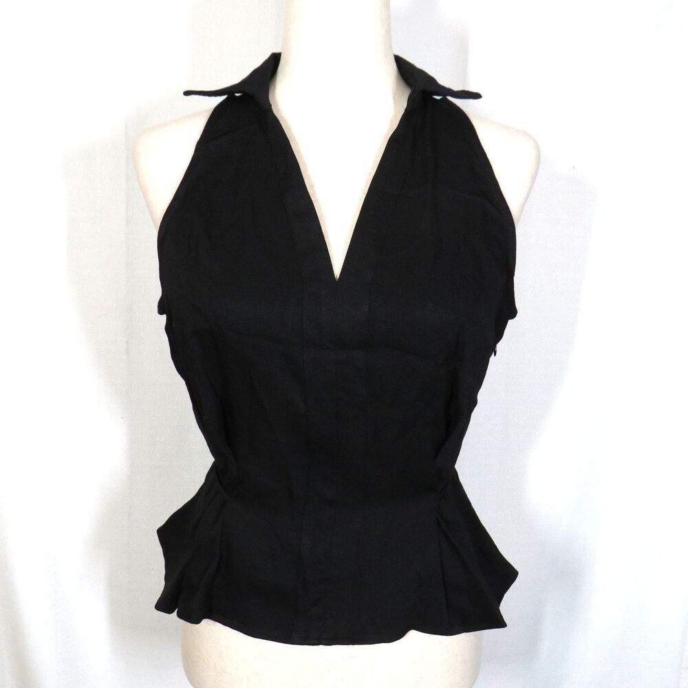 OGL Black Linen Blend Collared V Neck Sleeveless Tie Waist Top Size Small - Picture 7 of 12
